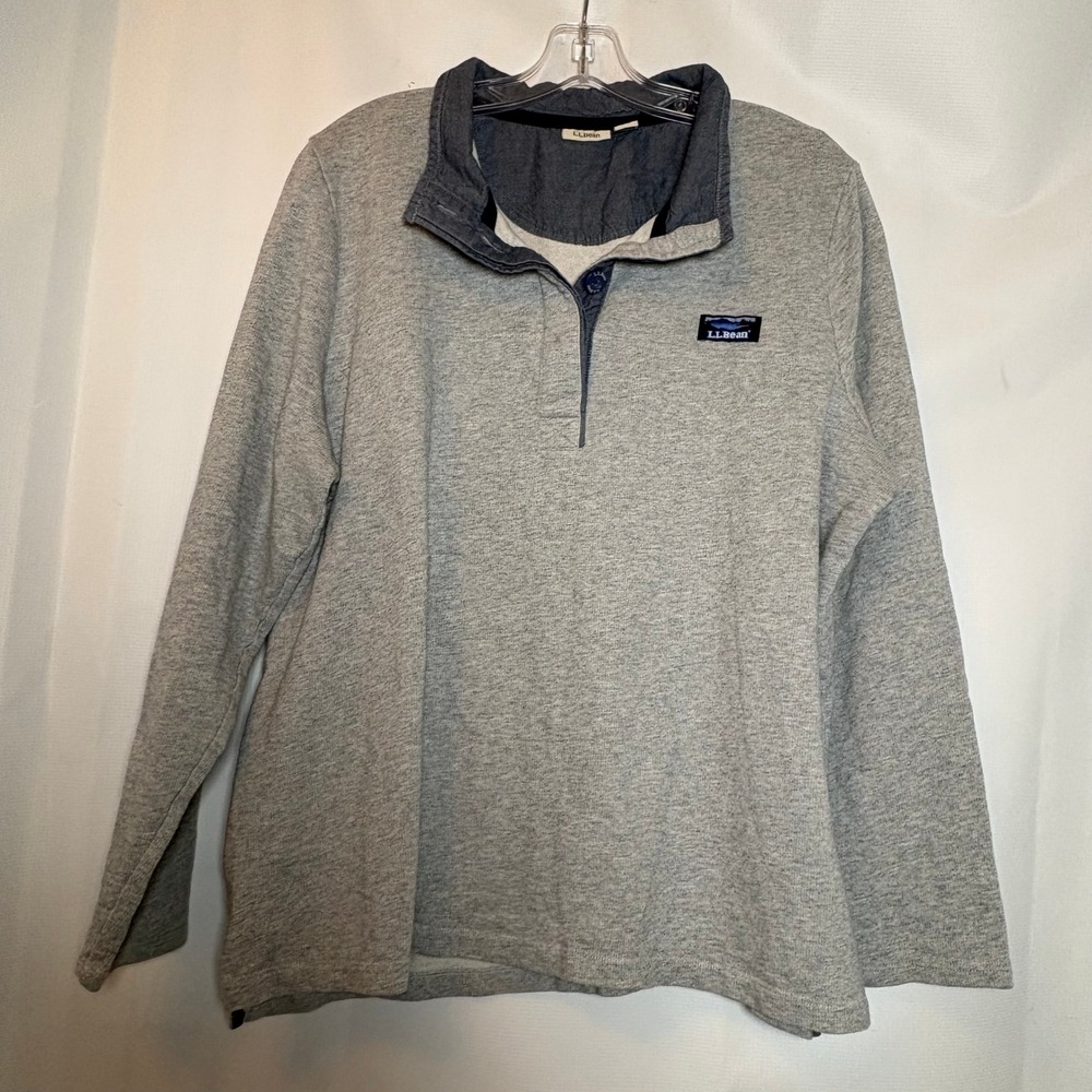 LLBean Men Gray Pullover Sweatshirt Button Neck Contrast Collar Logo 2X Preppy